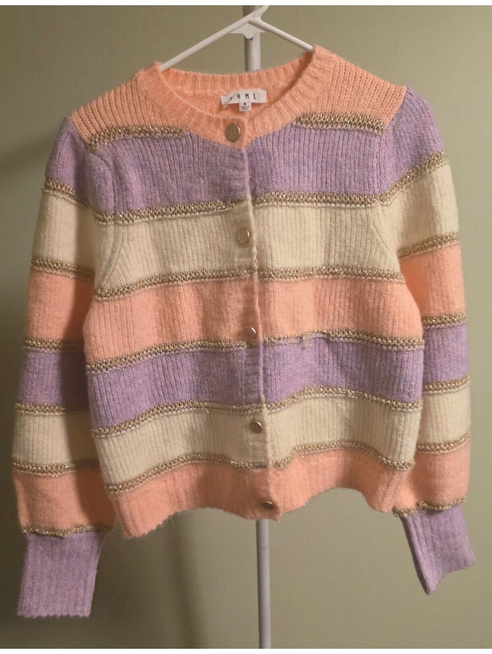 THML Striped Knit Cardigan with Gold Accent Thread